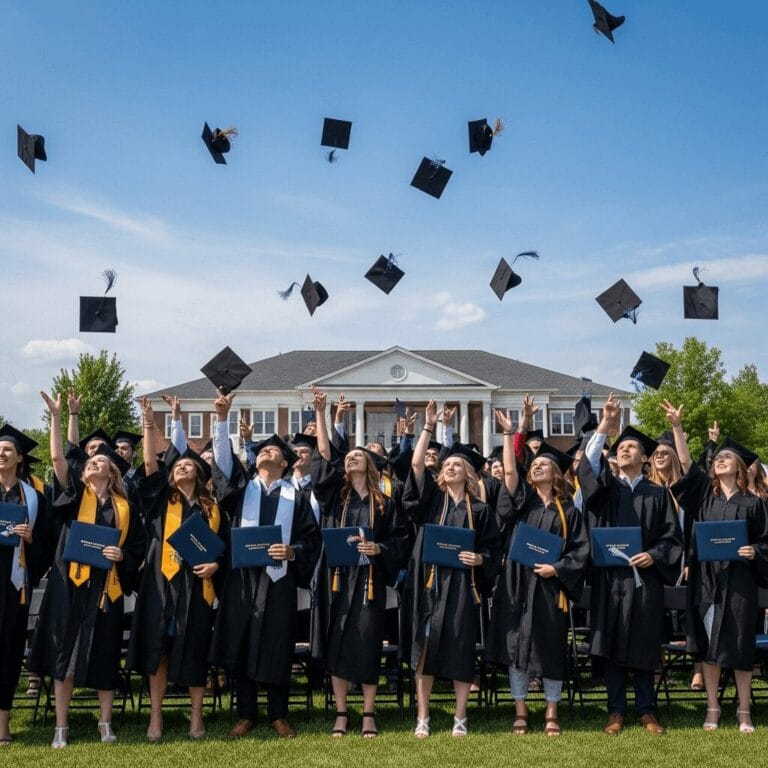 graduates tossing caps in the air